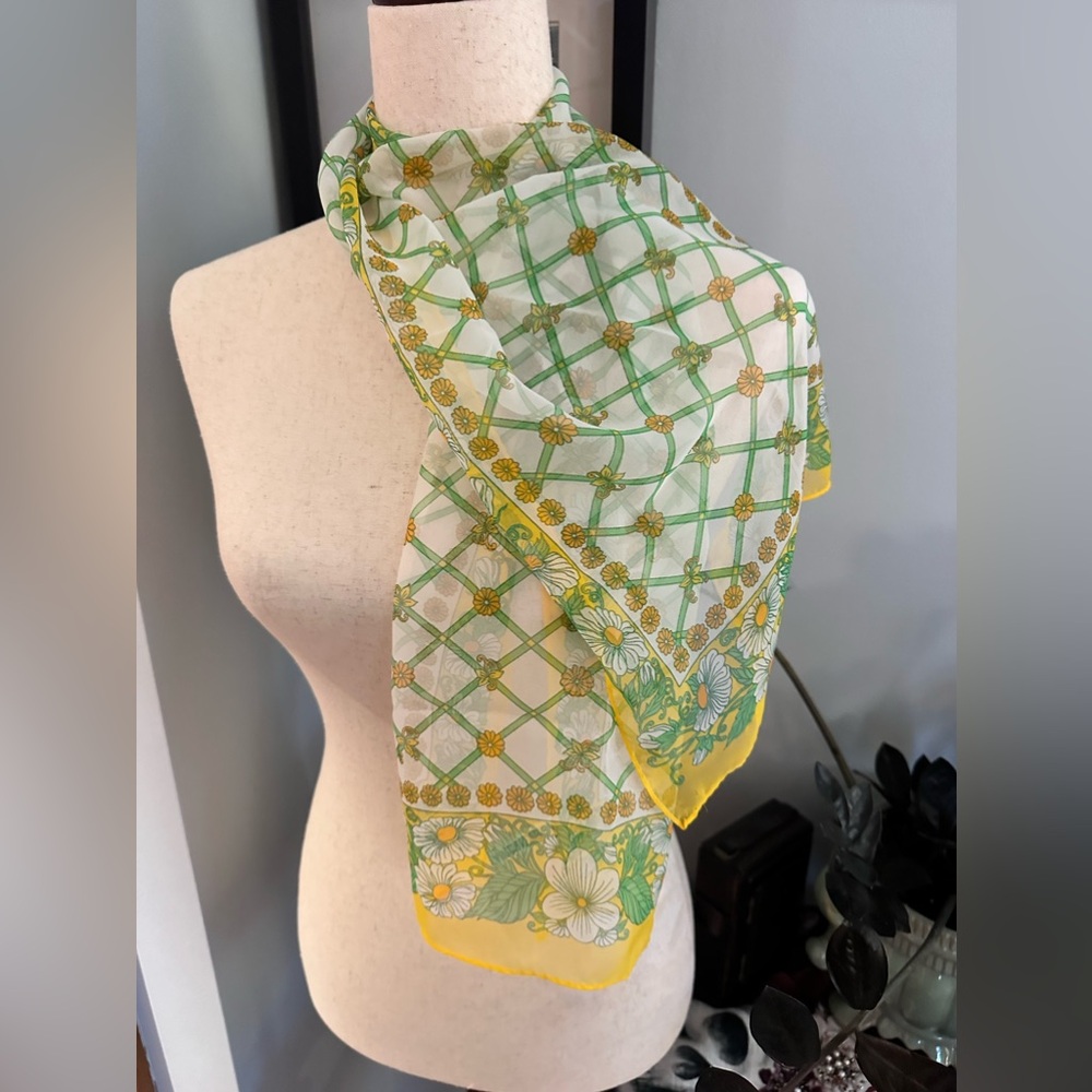 Vintage Floral Scarf Green and Yellow Vibrant Weave Colors